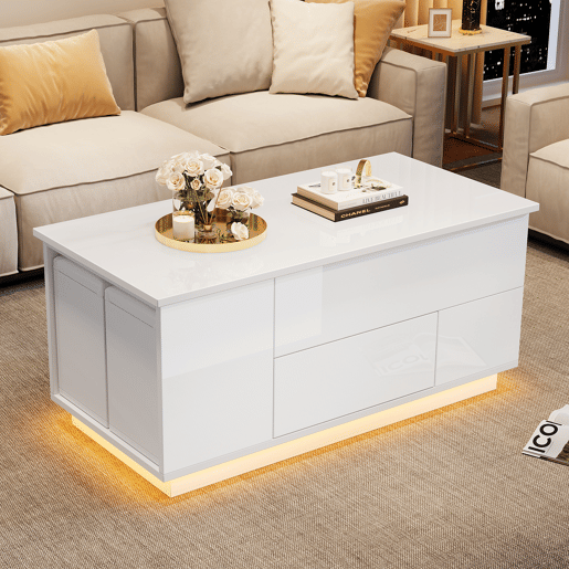 Mesa de centro elevável retangular de painel de partículas com luz led,branco Mesa de centro elevável retangular de painel de partículas com luz led,branco