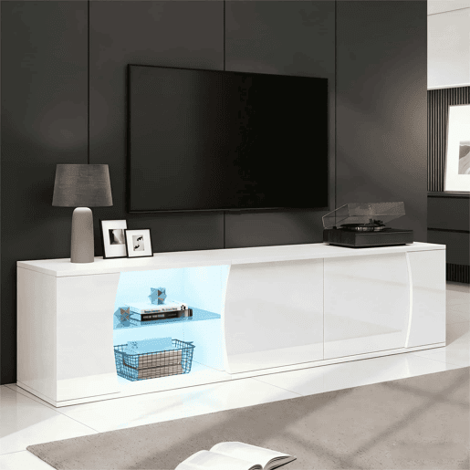 Móvel de TV 180x40x45 cm - 3 portas, vidro temperado, lowboard com iluminação LED, para TVs de até 80 polegadas - branco
