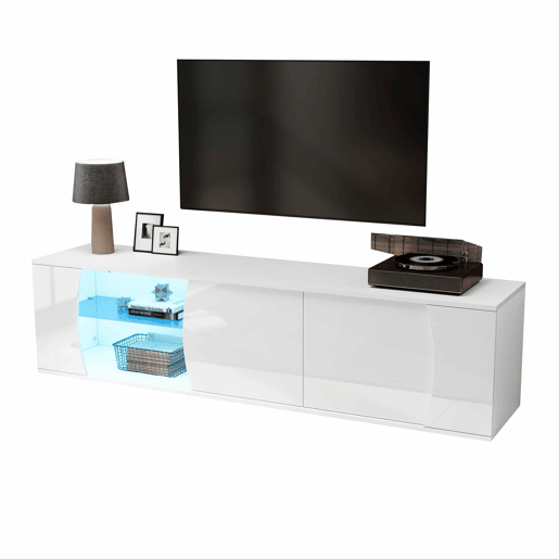 Móvel de TV 180x40x45 cm - 3 portas, vidro temperado, lowboard com iluminação LED, para TVs de até 80 polegadas - branco
