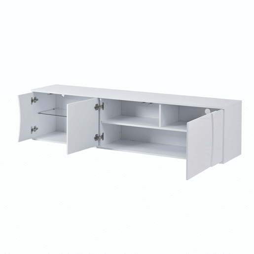 Móvel de TV 180x40x45 cm - 3 portas, vidro temperado, lowboard com iluminação LED, para TVs de até 80 polegadas - branco