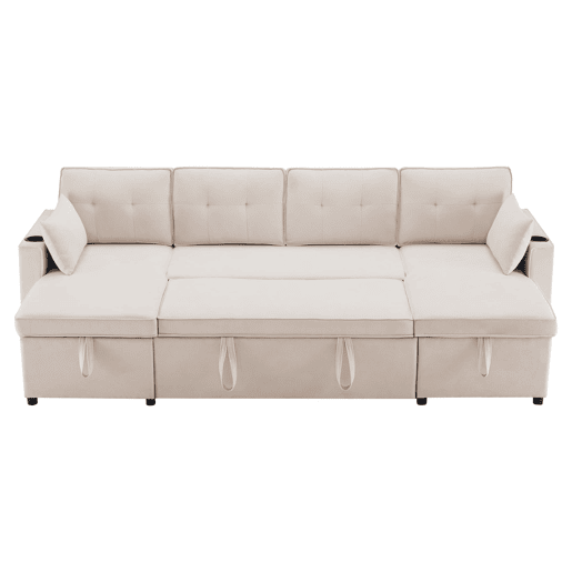 Sofá-cama em forma de U para 4 pessoas - Com função de cama, arrumação e porta-copos - Bege