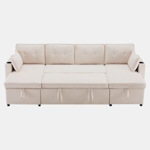 Sofá-cama em forma de U para 4 pessoas - Com função de cama, arrumação e porta-copos - Bege