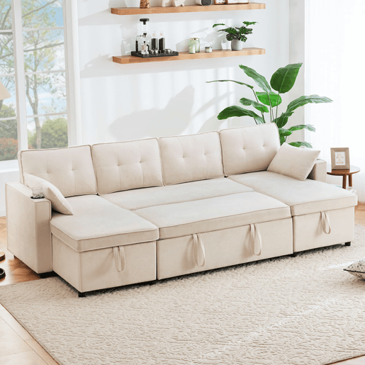 Sofá-cama em forma de U para 4 pessoas - Com função de cama, arrumação e porta-copos - Bege