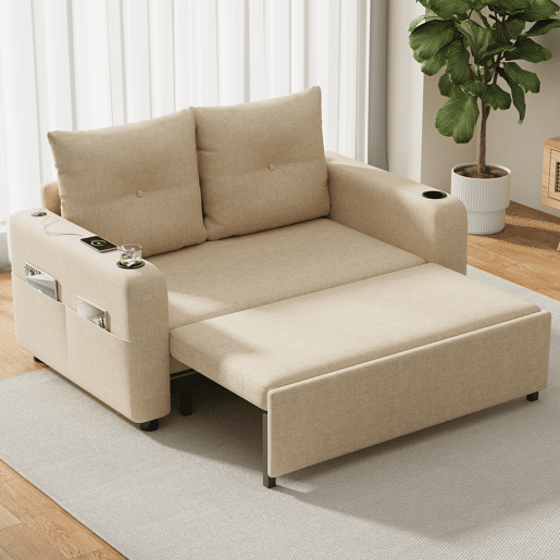 Sofá-cama 2 lugares conversível de algodão e linho,bege Sofá-cama 2 lugares conversível de algodão e linho,bege