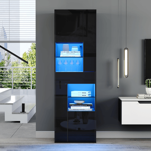 Vitrine de painel de partículas com 4 portas,1 gaveta e luz led,preto