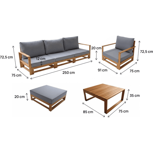Conjunto de mobiliário de jardim em madeira de acácia com almofadas Bellingham - 5 lugares - Cinzento