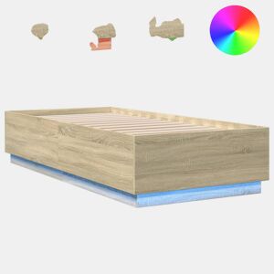 Estrutura de cama de solteiro para adultos c luzes LED derivados madeira carvalho sonoma