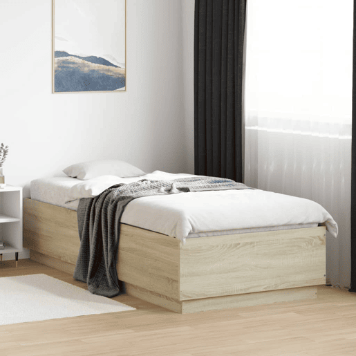 Estrutura de cama de solteiro para adultos c luzes LED derivados madeira carvalho sonoma