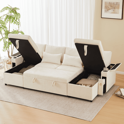 Sofá-cama 4 lugares conversível panorâmico de tecido com armazenamento,bege