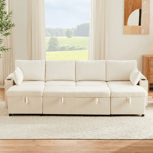 Sofá-cama 4 lugares conversível panorâmico de tecido com armazenamento,bege