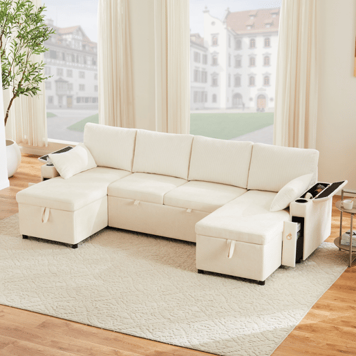 Sofá-cama 4 lugares conversível panorâmico de tecido com armazenamento,bege