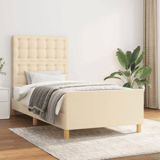 Estrutura de cama de solteiro para adultos c cabeceira tecido cor creme 90x190 cm