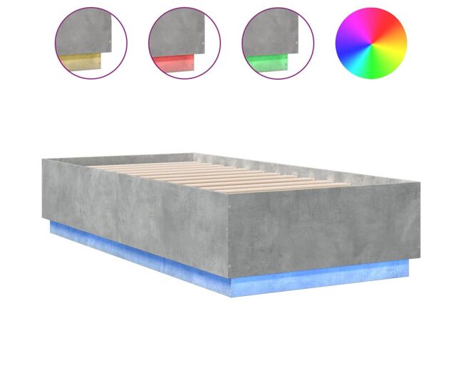 Estructura de cama individual para adultos con luces led madera gris hormigón 90x200 cm
