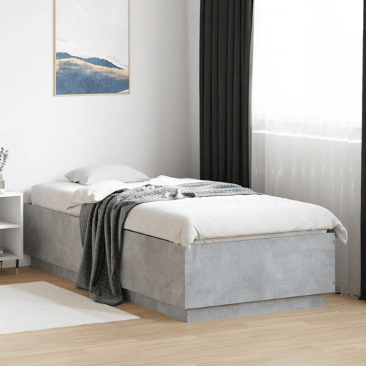 Estrutura de cama de solteiro para adultos c luzes LED derivados madeira cinza cimento