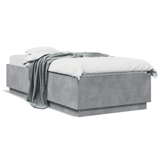 Estrutura de cama de solteiro para adultos c luzes LED derivados madeira cinza cimento
