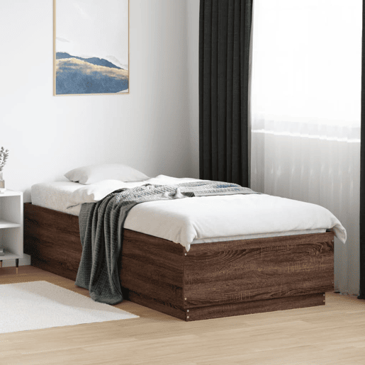 Estrutura de cama de solteiro para adultos c luzes LED derivados madeira carvalho castanho