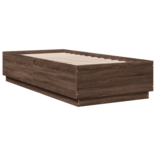 Estrutura de cama de solteiro para adultos c luzes LED derivados madeira carvalho castanho