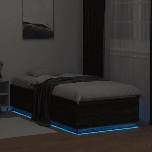 Estrutura de cama de solteiro para adultos c luzes LED derivados madeira carvalho castanho