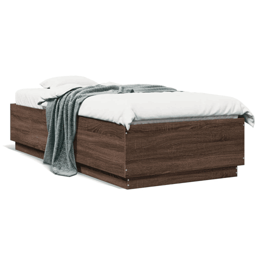 Estrutura de cama de solteiro para adultos c luzes LED derivados madeira carvalho castanho