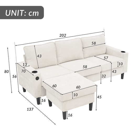 Sofá modular 4 lugares fixa de linho,bege