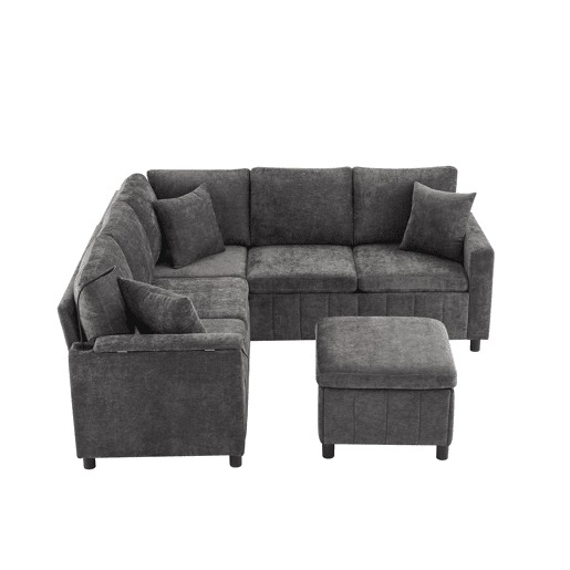 Sofá de canto para 4 pessoas 205x205 cm - Chenille, cama, pufe, candeeiro, USBType-C, mesa oculta - Cinza
