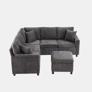 Sofá de canto para 4 pessoas 205x205 cm - Chenille, cama, pufe, candeeiro, USBType-C, mesa oculta - Cinza