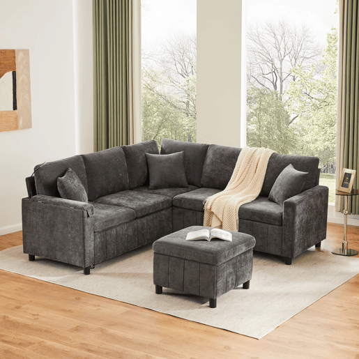 Sofá de canto para 4 pessoas 205x205 cm - Chenille, cama, pufe, candeeiro, USBType-C, mesa oculta - Cinza