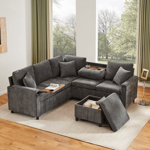 Sofá de canto para 4 pessoas 205x205 cm - Chenille, cama, pufe, candeeiro, USBType-C, mesa oculta - Cinza