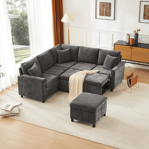 Sofá de canto para 4 pessoas 205x205 cm - Chenille, cama, pufe, candeeiro, USBType-C, mesa oculta - Cinza
