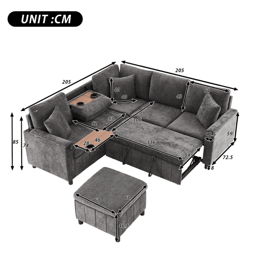 Sofá de canto para 4 pessoas 205x205 cm - Chenille, cama, pufe, candeeiro, USBType-C, mesa oculta - Cinza
