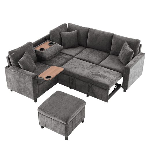 Sofá de canto para 4 pessoas 205x205 cm - Chenille, cama, pufe, candeeiro, USBType-C, mesa oculta - Cinza
