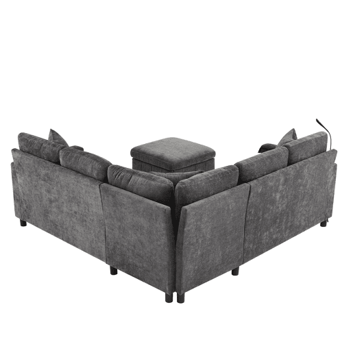 Sofá de canto para 4 pessoas 205x205 cm - Chenille, cama, pufe, candeeiro, USBType-C, mesa oculta - Cinza