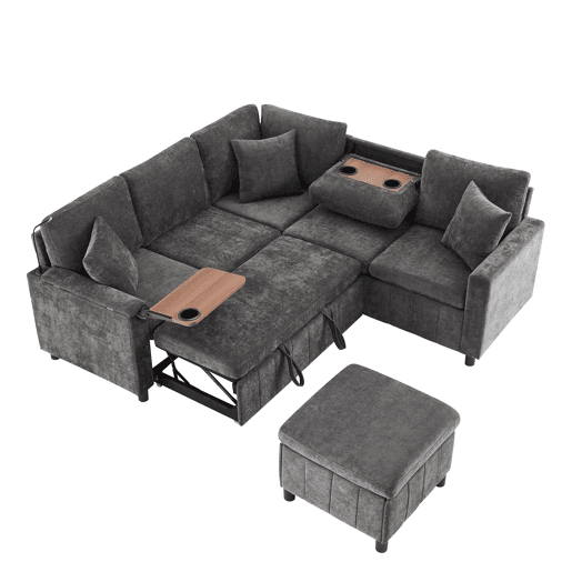 Sofá de canto para 4 pessoas 205x205 cm - Chenille, cama, pufe, candeeiro, USBType-C, mesa oculta - Cinza