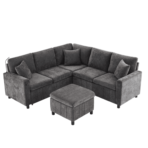 Sofá de canto para 4 pessoas 205x205 cm - Chenille, cama, pufe, candeeiro, USBType-C, mesa oculta - Cinza