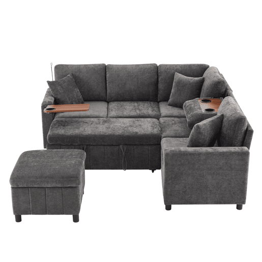 Sofá de canto para 4 pessoas 205x205 cm - Chenille, cama, pufe, candeeiro, USBType-C, mesa oculta - Cinza