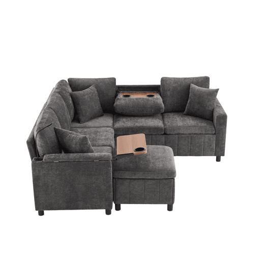 Sofá de canto para 4 pessoas 205x205 cm - Chenille, cama, pufe, candeeiro, USBType-C, mesa oculta - Cinza