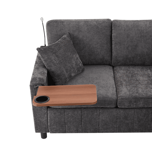 Sofá de canto para 4 pessoas 205x205 cm - Chenille, cama, pufe, candeeiro, USBType-C, mesa oculta - Cinza