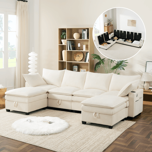 Sofá modular 6 lugares fixa de tecido com almacenaje,bege