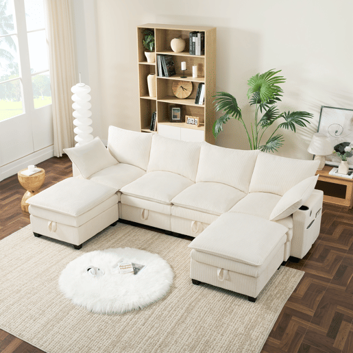 Sofá modular 6 lugares fixa de tecido com almacenaje,bege
