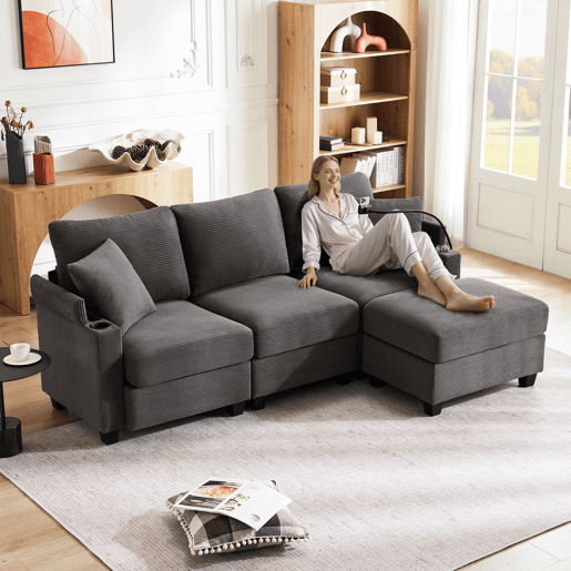 Sofá modular 4 lugares fixa de tecido,cinza