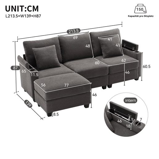 Sofá modular 4 lugares fixa de tecido,cinza