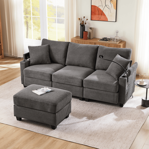 Sofá modular 4 lugares fixa de tecido,cinza