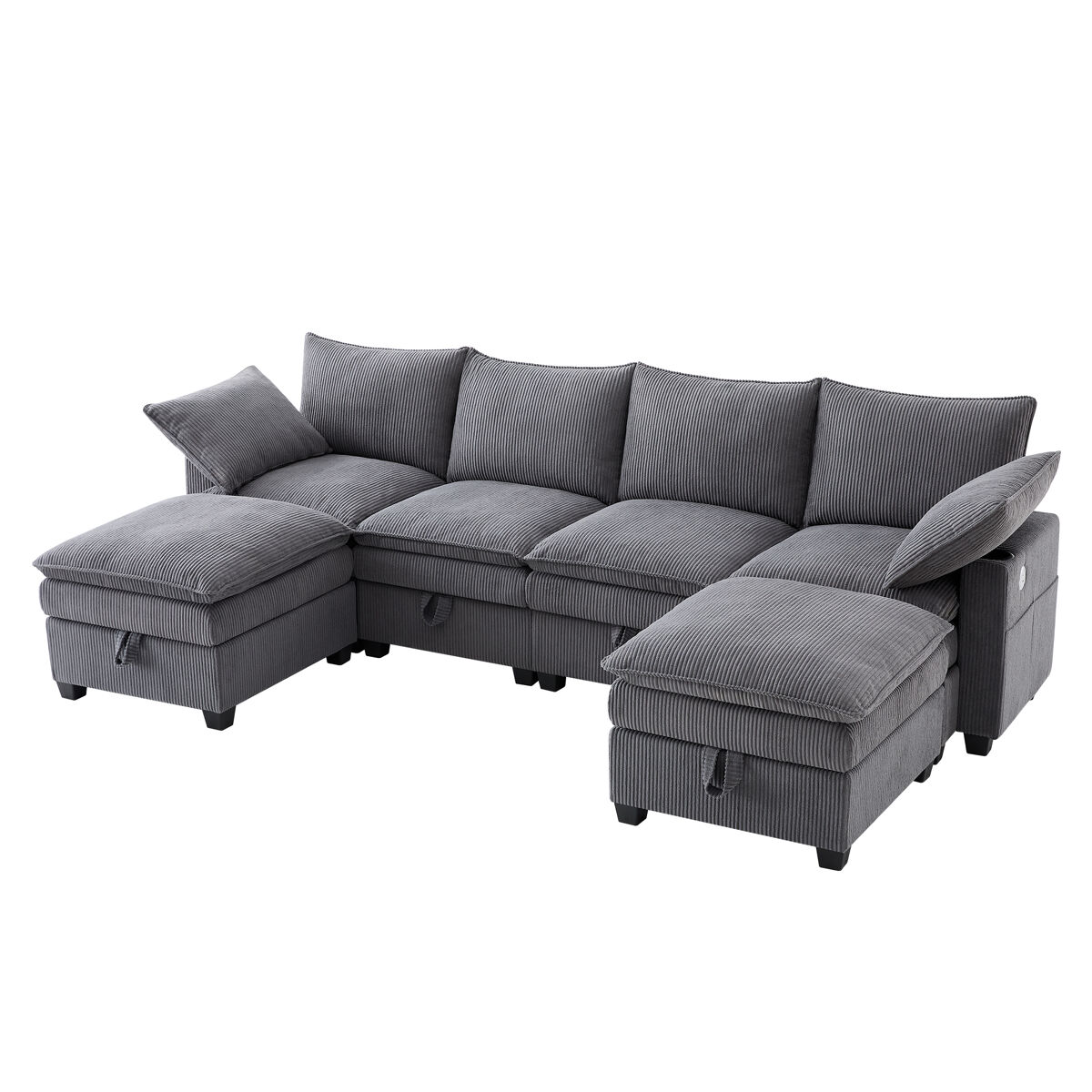 Sofá modular 6 plazas fija de tela con almacenaje,gris