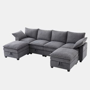 Sofá modular 6 lugares fixa de tecido com almacenaje,cinza