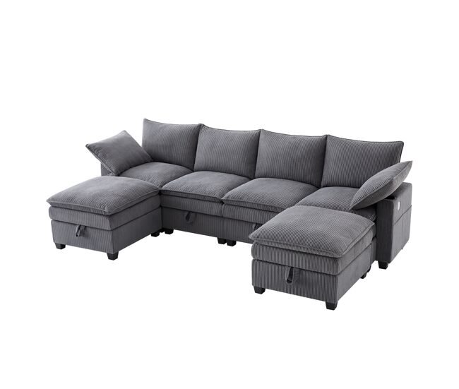 Sofá modular 6 plazas fija de tela con almacenaje,gris