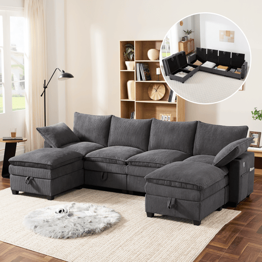 Sofá modular 6 lugares fixa de tecido com almacenaje,cinza Sofá modular 6 lugares fixa de tecido com almacenaje,cinza