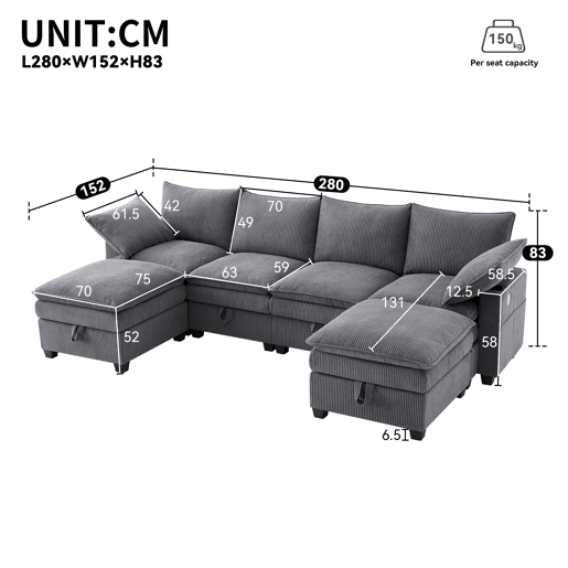 Sofá modular 6 lugares fixa de tecido com almacenaje,cinza Sofá modular 6 lugares fixa de tecido com almacenaje,cinza
