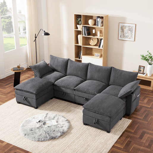 Sofá modular 6 lugares fixa de tecido com almacenaje,cinza Sofá modular 6 lugares fixa de tecido com almacenaje,cinza
