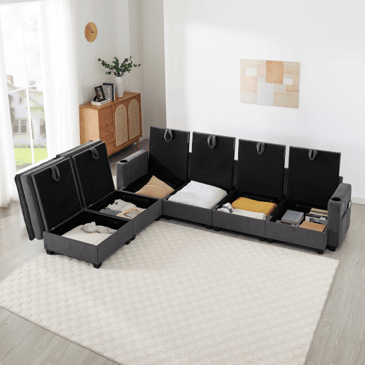 Sofá modular 6 lugares fixa de tecido com almacenaje,cinza Sofá modular 6 lugares fixa de tecido com almacenaje,cinza