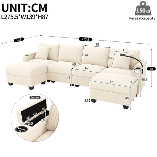 Sofá modular 6 lugares fixa de tecido,bege
